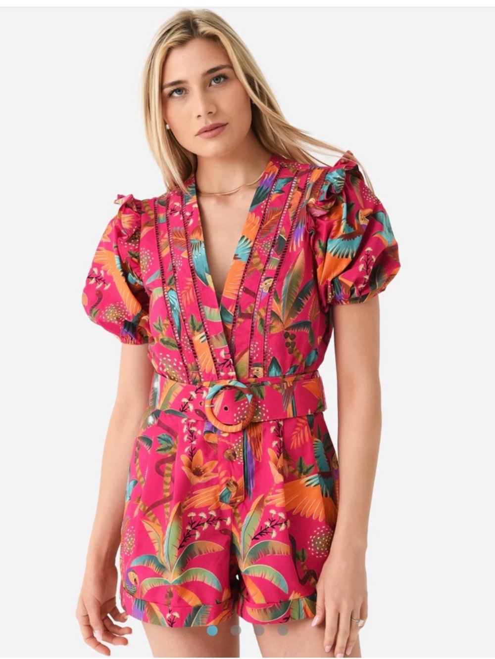 FARM Rio Macaw Belted Puff Sleeve Romper - NWT